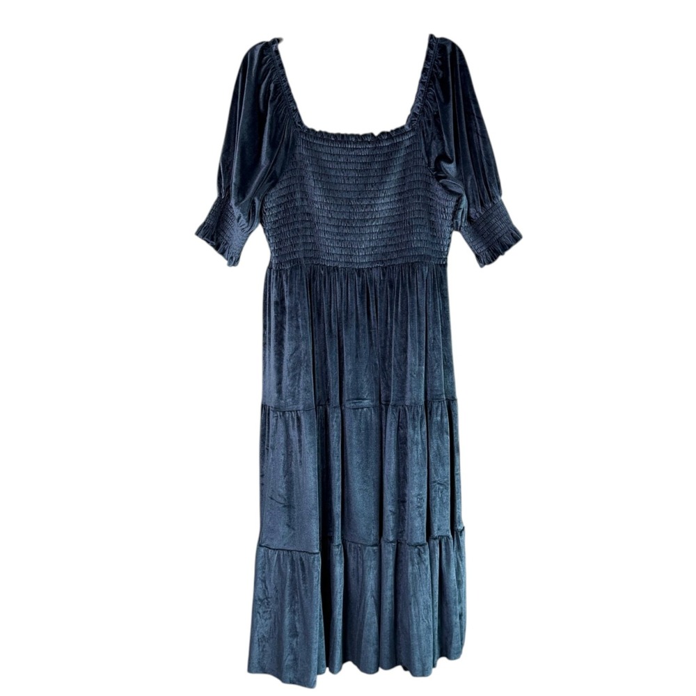 Baltic Born Smocked Velvet Midi Dress Sz 1XL Blue Tiered Puff Sleeve Whimsigoth - Picture 4 of 8